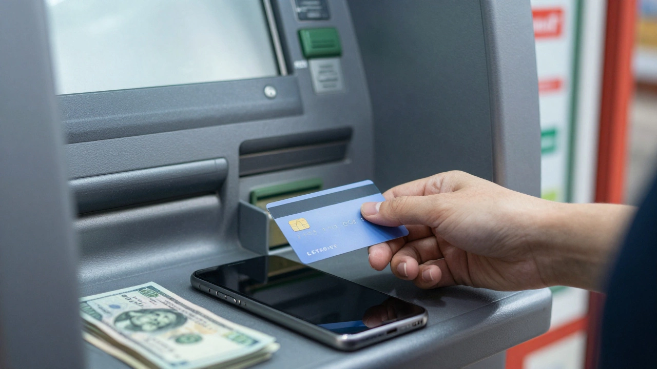 A hand inserting a prepaid card into an ATM, face hidden, cash visible on counter.