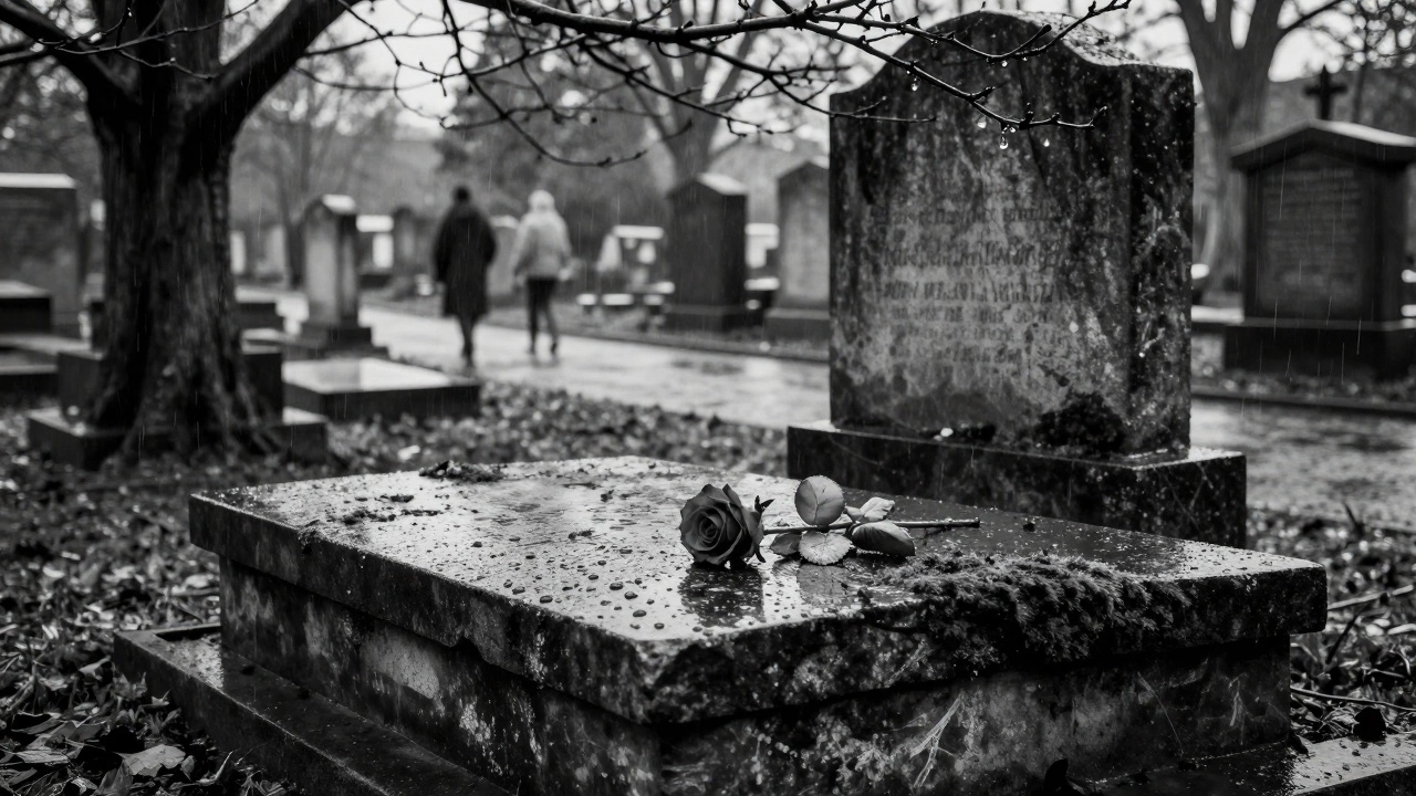 A single rose rests on a mossy tombstone in Père Lachaise Cemetery under soft rain, ghostly figures fade in the distance.