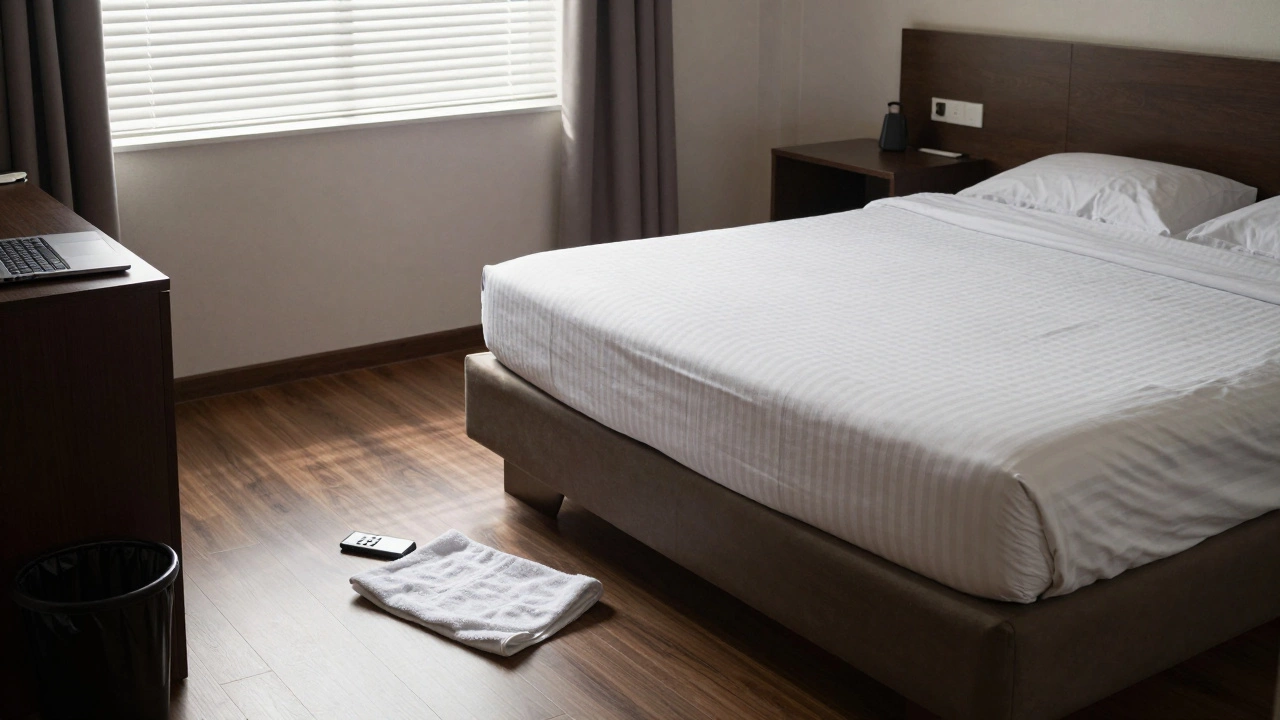 An empty hotel room with a broken burner phone in the trash and no personal belongings left.